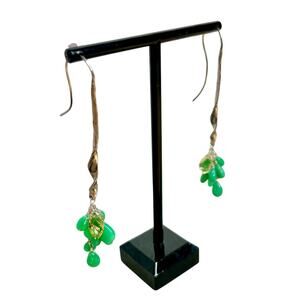 Fun Statement Long Hook Green Bead Cluster Silver Tone Earrings